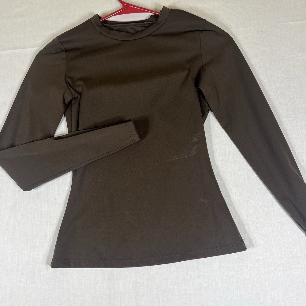 Womens Small Brown Long Sleeve Stretch Crew Neck Fitted Top Nylon Elastane